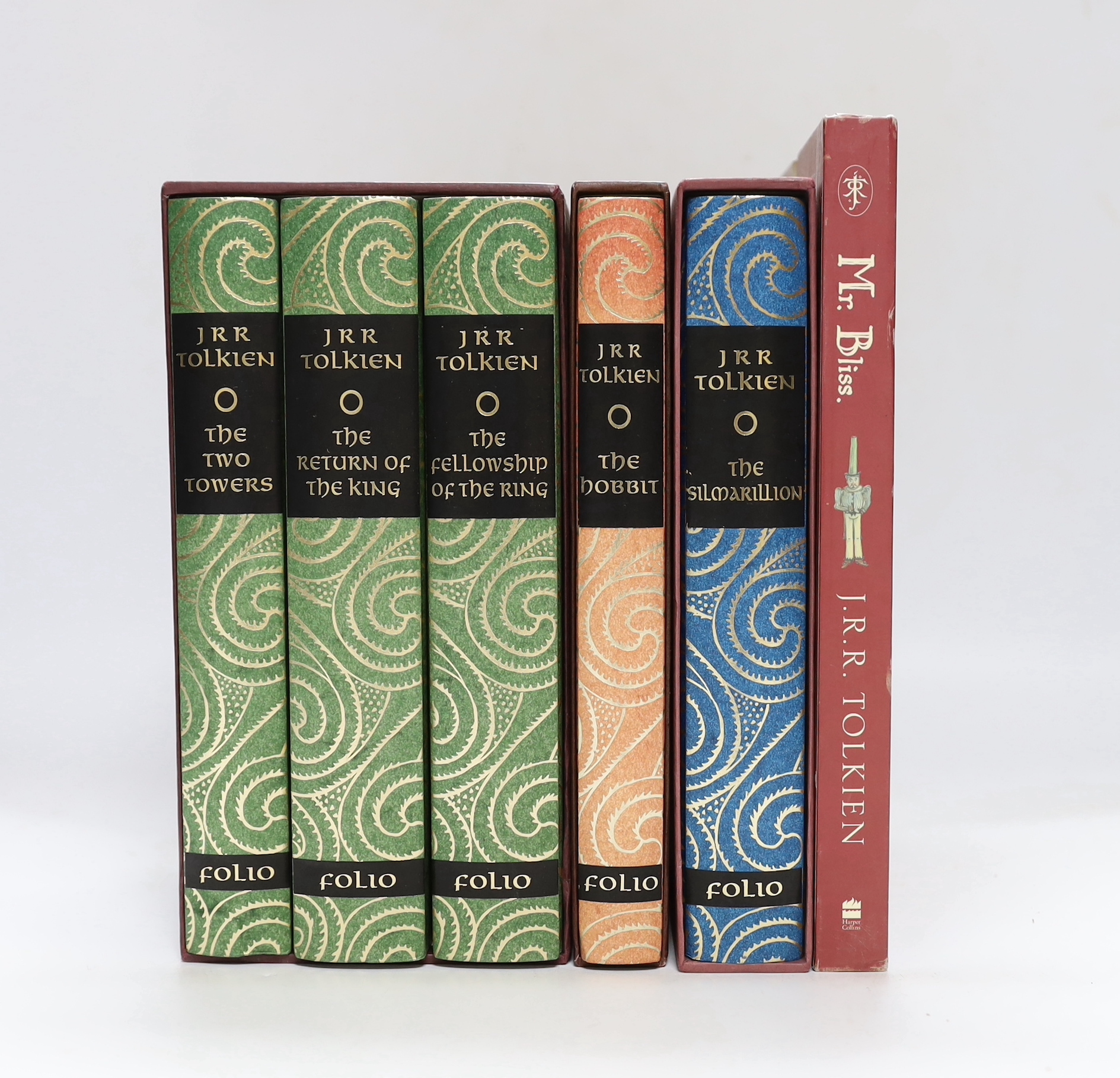 Folio Society - Tolkein's Lord of the Rings. 3 vols. illus (Grathmer & Fraser), decorated cloth and in the decorated box. 9th printing, 2002; together with (same author) The Hobbit. illus.; decorated cloth and slip case.